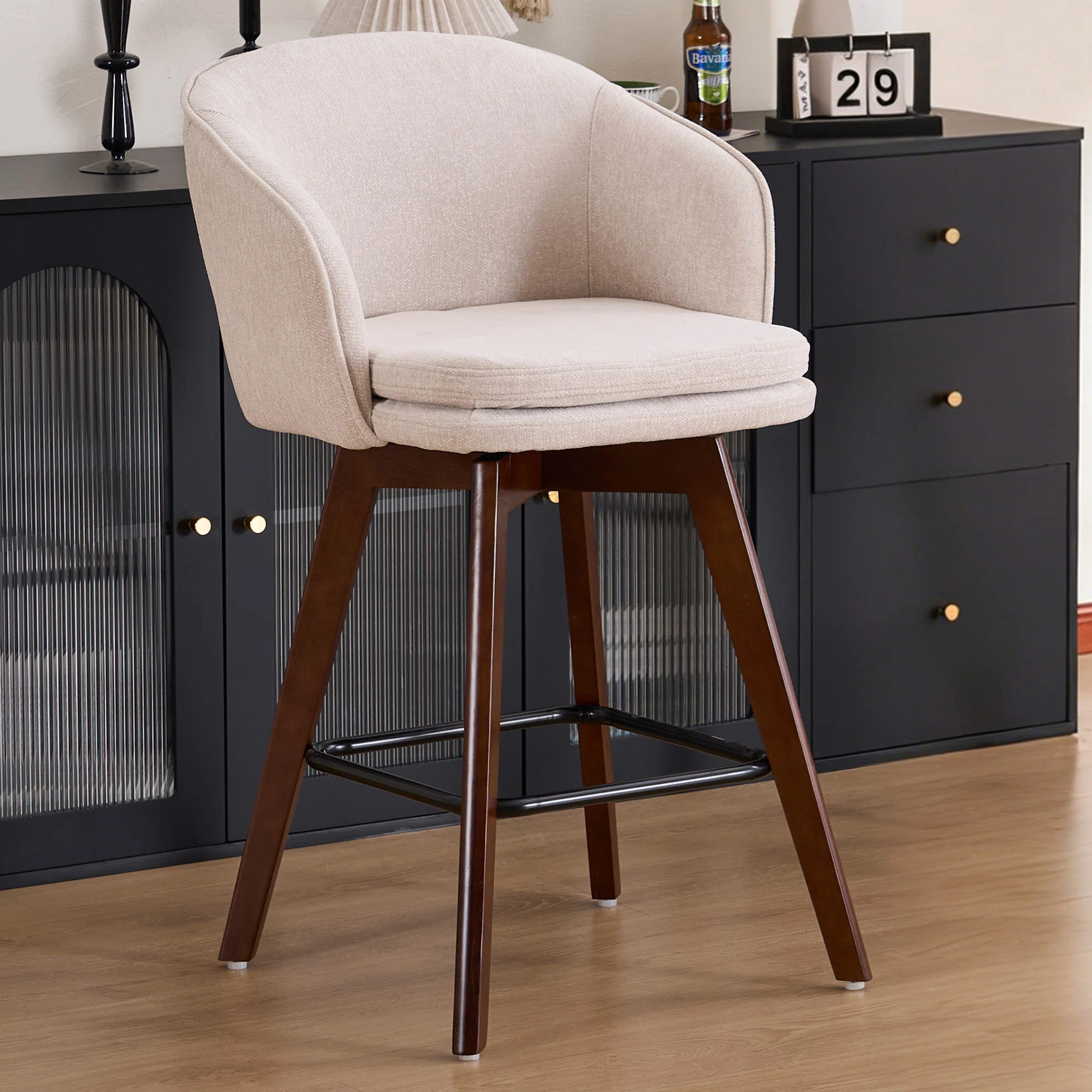 Mid-Century Modern Chenille Fabric Counter Stool, Upholstered Swivel Barstool With Wood Legs, Cou... | Wayfair North America