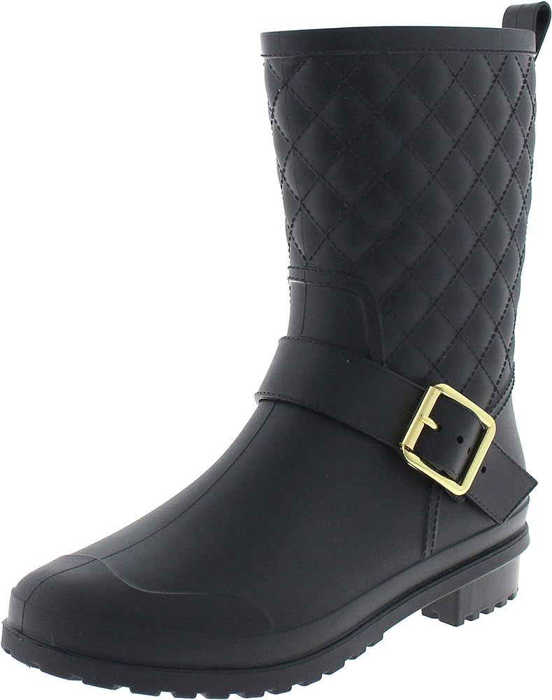 Amazon.com: Capelli New York Ladies Matte, Quilted Shaft Mid-Calf Rain Boot with Ankle Strap Blac... | Amazon (US)