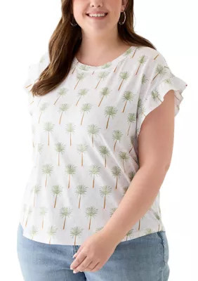 Crown & Ivy Women's Plus Size Short Sleeve Ruffle Printed T-Shirt, White, 1X | Belk