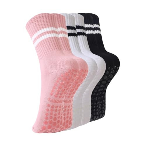 BONANGEL Pilates Socks with Grips for Women, 3 Pairs Womens Grippy Yoga Ballet Barre Hospital Gym Athletic Socks | Amazon (US)