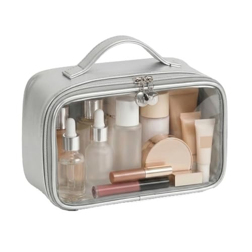 Travel Toiletry Bag for Women, Clear Makeup Bag Organizer with Handle, Waterproof Cosmetic Case for Travel Essentials, Portable Bathroom and Skincare Storage Bag for Daily Use, Silver | Amazon (US)