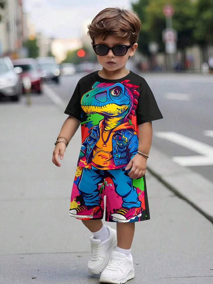 SHEIN Young Boy Casual Simple Cartoon Dinosaur Pattern Short Sleeve T-Shirt And Shorts 2pcs/Set, ... | SHEIN