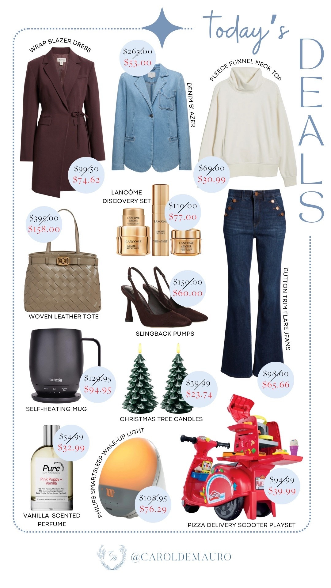 Today’s finds include a wrap blazer dress, a denim blazer, a fleece funnel neck top, a Lancôme discovery set, button trim flare jeans, a woven leather tote, slingback pumps, a self-heating mug, Christmas tree candles, a pizza delivery scooter playset, a Philips SmartSleep wakeup light, and a vanilla-scented perfume. All easy picks for outfits and gifting.

fashion finds, on sale now, home favorites, gift ideas, everyday essentials, outfit ideas, play doh

#LTKSaleAlert #LTKHome #LTKSeasonal