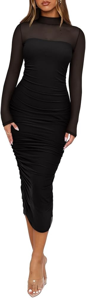 REORIA Women's Fall Mesh Long Sleeve Midi Ruched Bodycon Dress Mock Neck Elegant Club Evening Par... | Amazon (US)