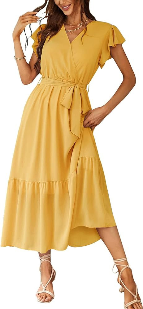 PRETTYGARDEN Women's Summer Floral Boho Maxi Dress Short Sleeve Wrap V Neck Ruffle Long Flowy Bea... | Amazon (US)