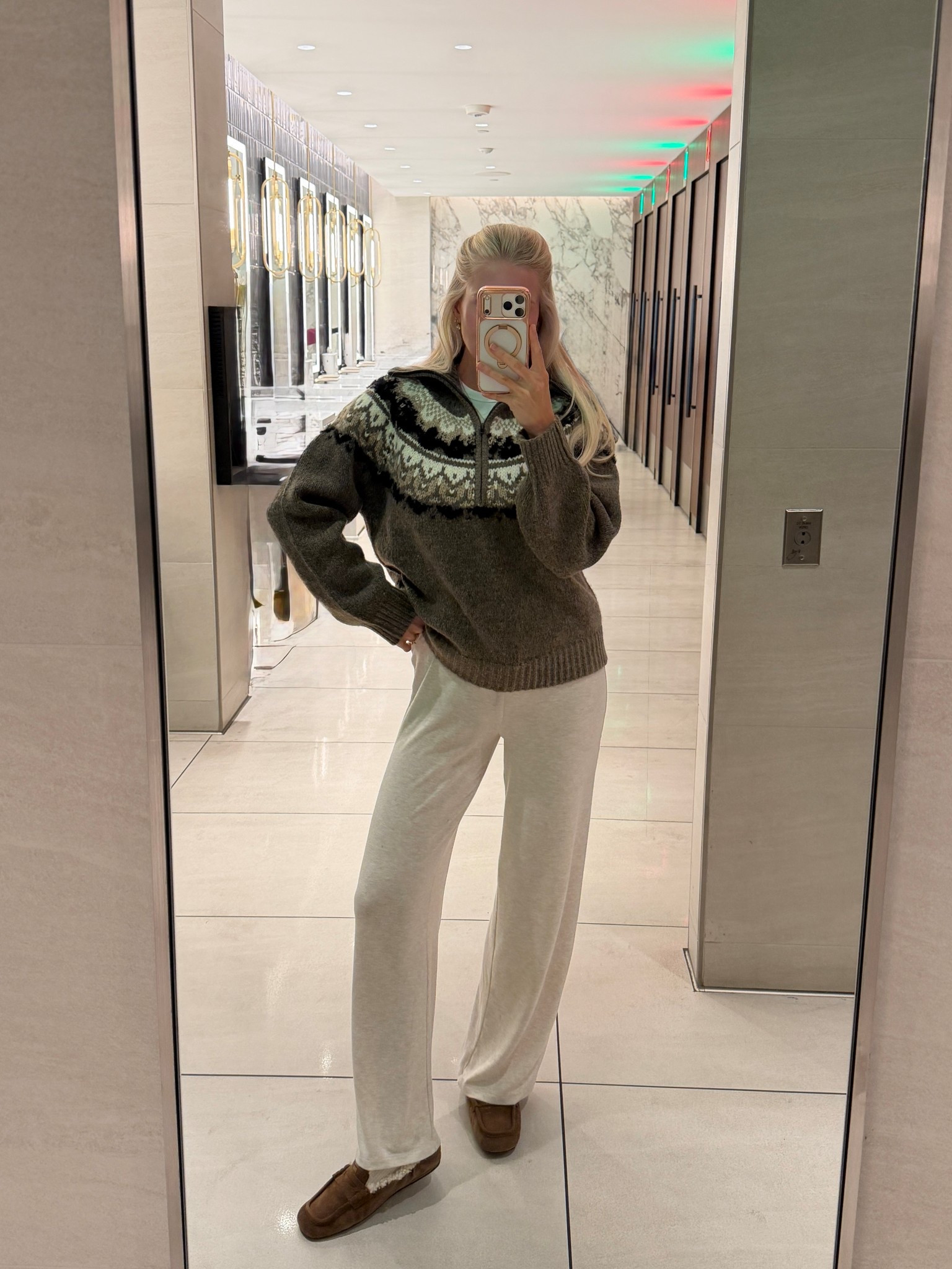 Wearing a medium in sweater, small in pant (color: heather birch), shoes are true to size - linking similar!
#kathleenpost

Travel outfit, airport outfit, running errands, school drop off, fair isle sweater, work from home 

#LTKTravel #LTKootd #LTKSeasonal