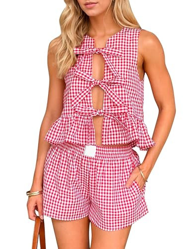 MISSACTIVER Women's Two Piece Outfit Gingham Tie Up Front Tank Tops and Wide Leg Short Set 2 Piece Pajama Sets with Pockets Red | Amazon (US)