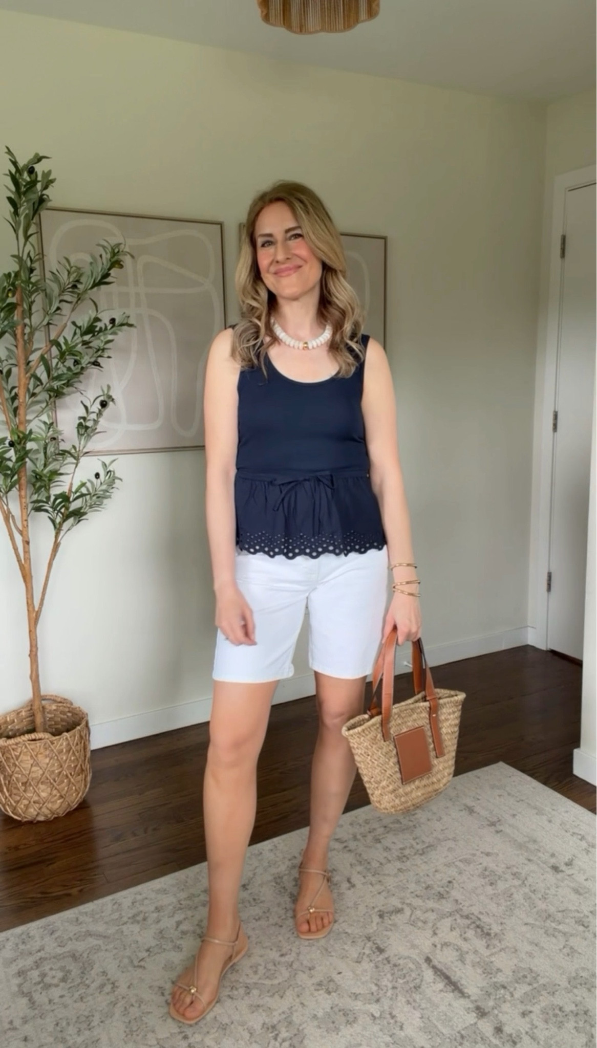 Walmart eyelet peplum tank, size small. The peplum wasn’t working for me but I thought I’d share just in case! Sizing up wouldn’t work because the neckline is so low-cut, my bra was showing. Shorts tts 6. Don’t size down.