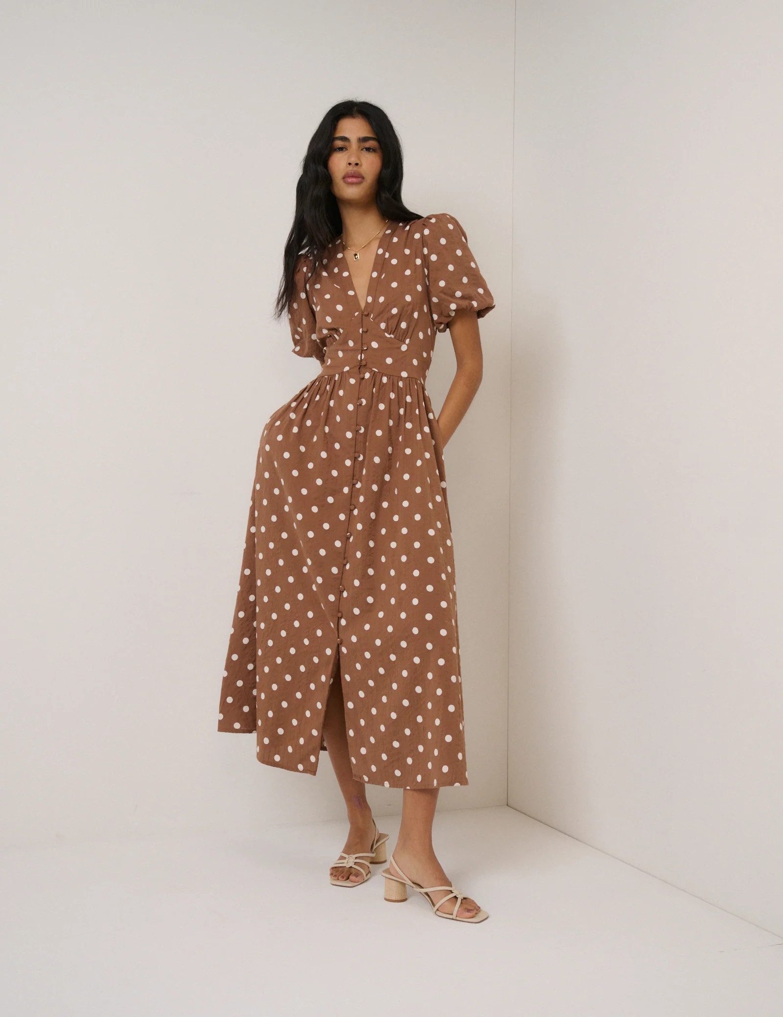 Brown Polka Dot Starlight Midi Dress | Nobody's Child