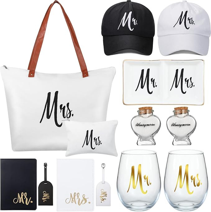 Bonuci 13 Pcs Wedding Mr and Mrs Gifts Set Include Bride and Groom Hats, Stemless Wine Glasses, P... | Amazon (US)