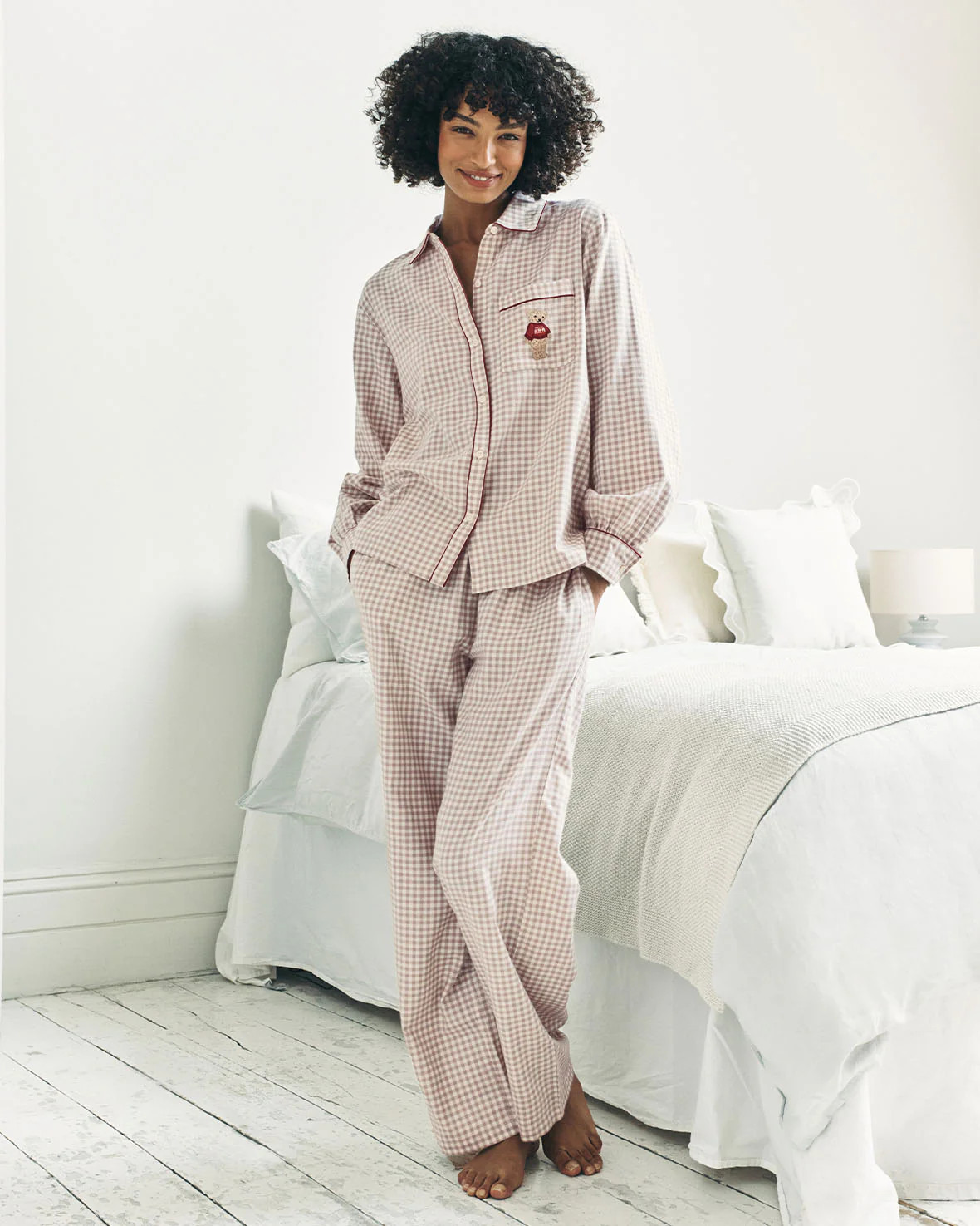 Organic Cotton Embroidered Peers the Bear Gingham Long Pyjama Set - Be | Chelsea Peers NYC