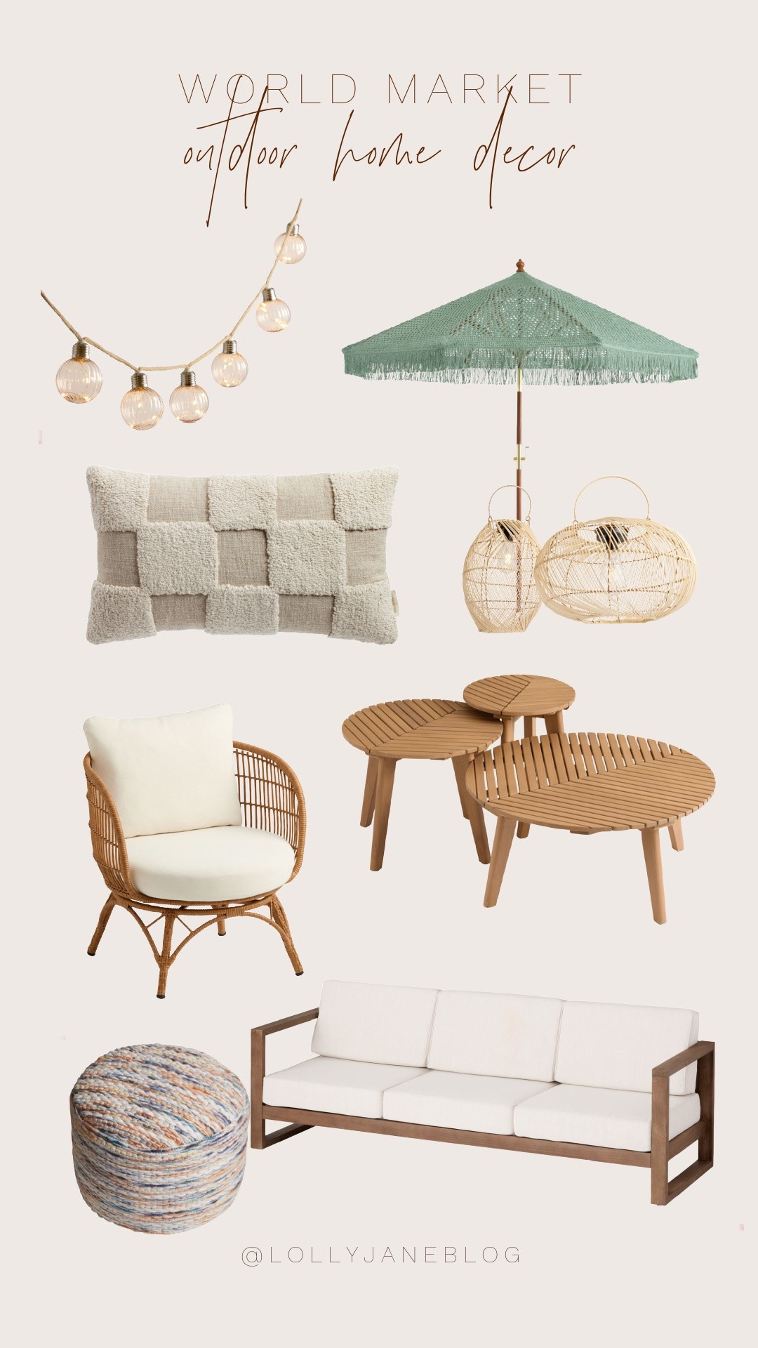 World market outdoor home decor finds! 

Bring vacation vibes to your backyard ✨☀️ With World Market’s outdoor collection, we’re soaking up the sun in style—think cozy couches, chic chairs, and the cutest green crochet umbrella ever. 🌿💚 Add in rattan lamps, a glowing ball light fixture, a comfy ottoman, and the perfect outdoor table setup… and yeah, we’re never going back inside. #WorldMarket #OutdoorOasis #PatioGoals

#LTKSeasonal #LTKHome #LTKStyleTip