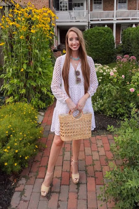 White eyelet dress outfit - linking a similar one! Platform raffia heeled sandals are true to size 
.
Amazon finds spring outfit summer outfit white dress candy necklaces raffia bag straw bag 

#LTKstyletip #LTKfindsunder100 #LTKSeasonal