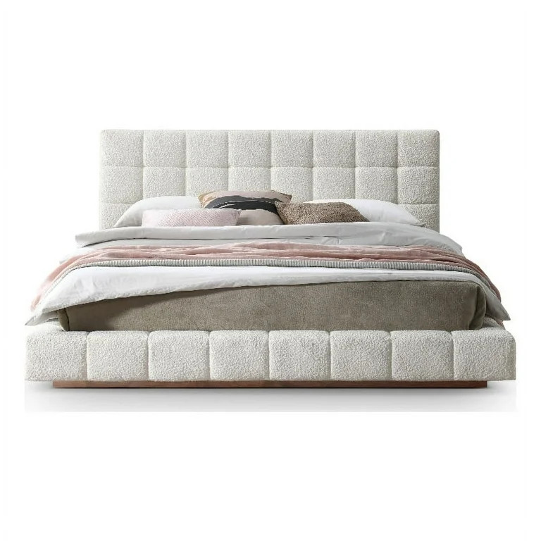 Claire Upholstered Mid-Century Fabric Queen Platform Bed in Ivory - Walmart.com | Walmart (US)