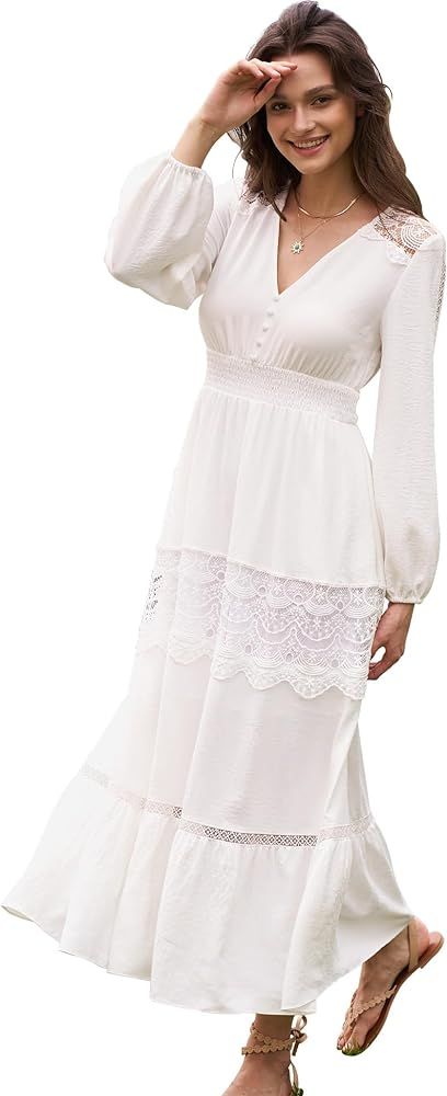 Long Sleeve Maxi Dress for Women V Neck Lace Boho Dress Flowy Fall Wedding Guest Dresses with Poc... | Amazon (US)