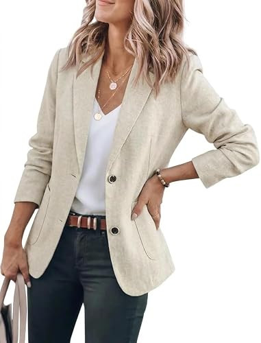 Kinghua Linen Blazer Women Spring Summer Outfits Casual Long Sleeve V Neck Loose Fit Suit Jacket ... | Amazon (US)