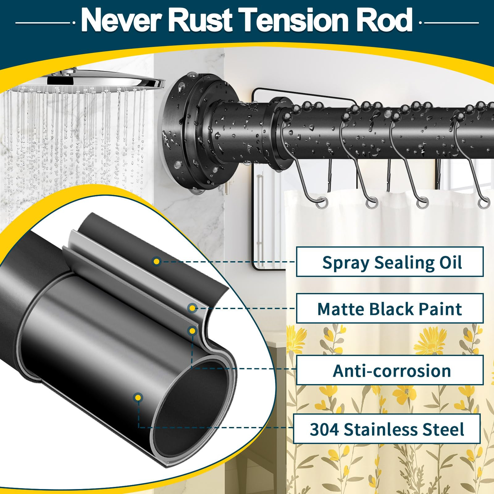 Black Shower Curtain Rod 36-84 Inch(3-7ft) Never Rust No Drilling Spring Tension Shower Rod, Adju... | Amazon (US)