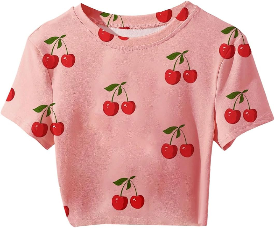 WDIRARA Women's Cherry Print Crew Neck Short Sleeve T Shirts Cute Tees Crop Tops | Amazon (US)