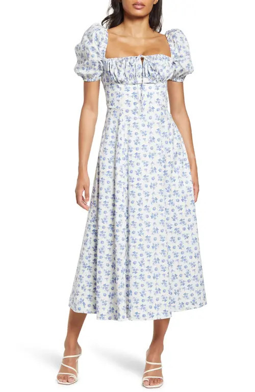 HOUSE OF CB Tallulah Puff Sleeve Midi Dress in Blue White Floral at Nordstrom, Size X-Large | Nordstrom
