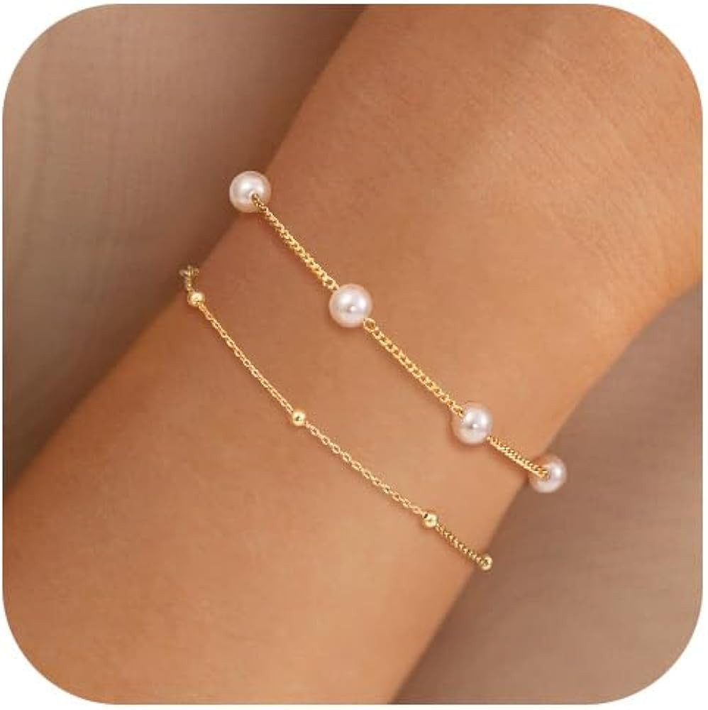 NECOCY 14K Gold Plated Pearl Bracelets for Women, Dainty Bracelets Stack Trendy Pearls Beaded Lin... | Amazon (US)