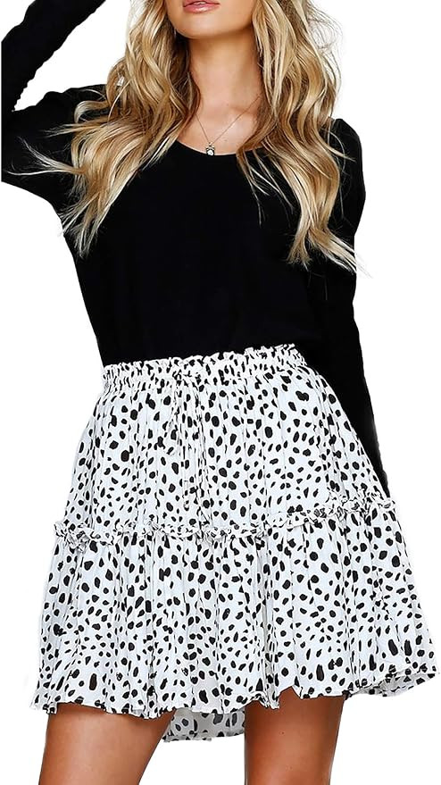 Relipop Women's Flared Short Skirt Polka Dot Pleated Mini Skater Skirt with Drawstring | Amazon (US)