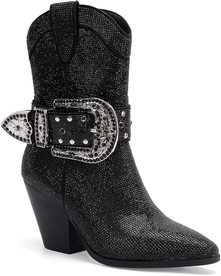 Women's Rhinestone Buckle Boots Ankle Boots Cowboy Boots Stacked Block Heel Boots Cowgirl Boots P... | Amazon (US)