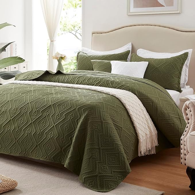 LEAONME Quilt Set King Size 3 Pieces, Lightweight Olive Green Bedspread-98''x106'', Soft Microfib... | Amazon (US)