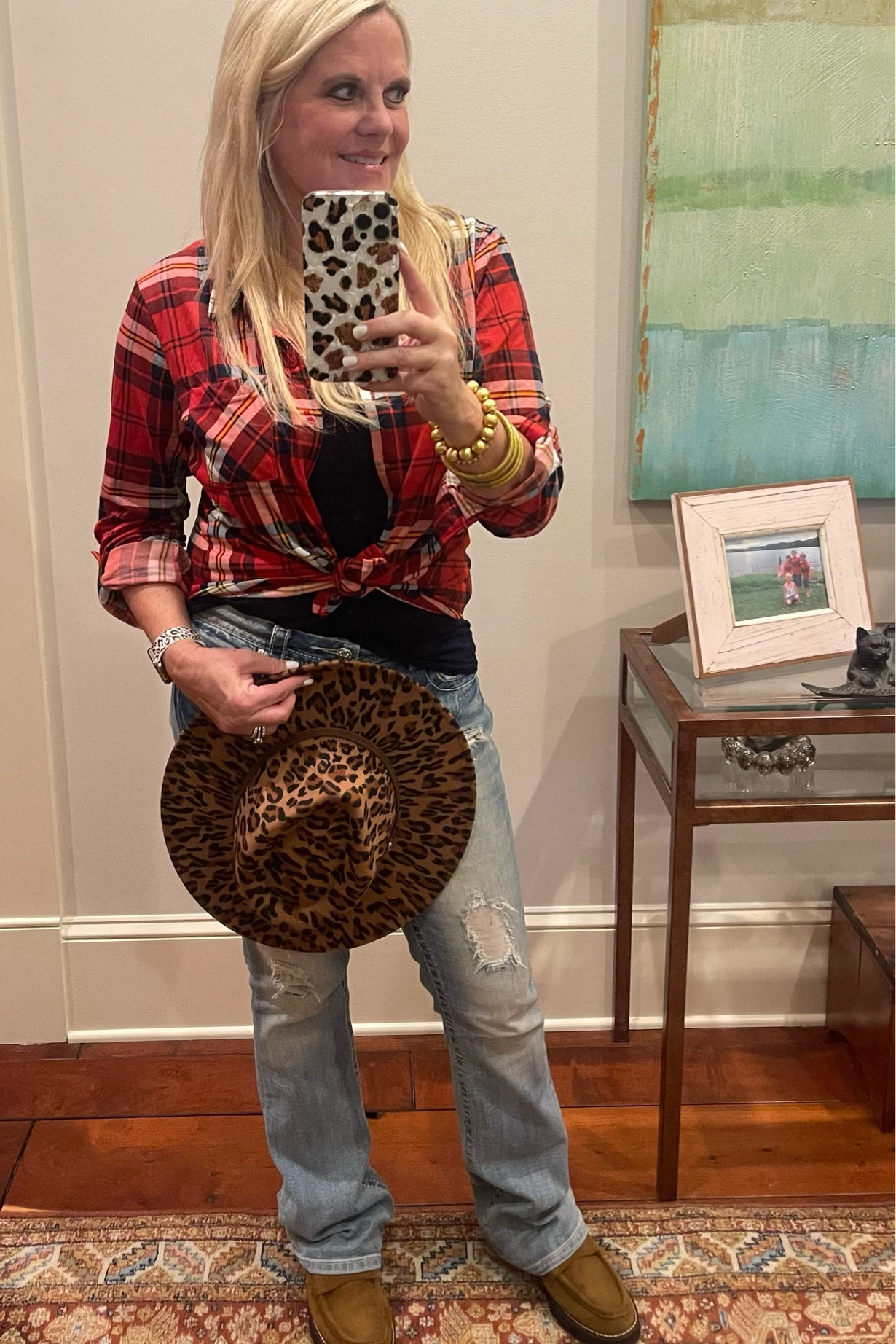 What I’d wear…for Thanksgiving prep. Leopard cowboy hat / flannel shirt / distressed jeans / lug sole loafer

#LTKSeasonal #LTKHoliday #LTKstyletip