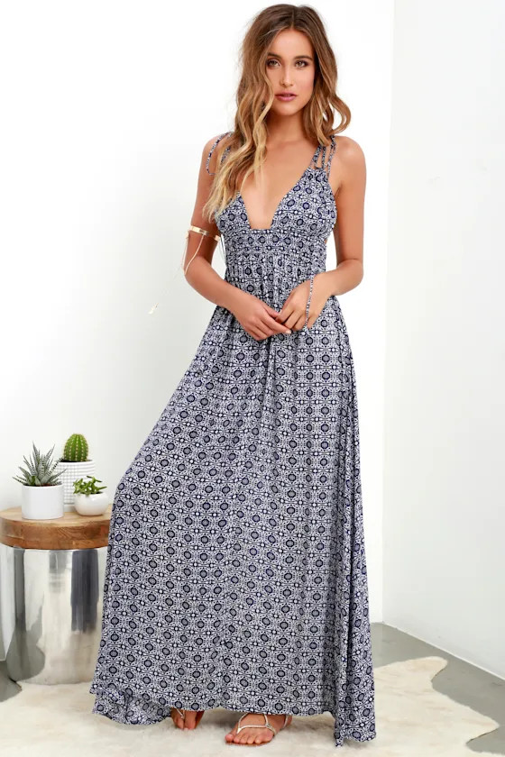 Field Day Navy Blue Print Tie-Strap Maxi Dress | Lulus (US)