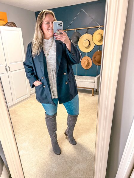 Date night styling - start with mid or dark wash skinny jeans, add a peplum top, over the knee boots, blazer and some gold jewelry. 

Date night outfit | plus size outfit | plus size date night | blazer outfit | boots outfit | winter outfit | plus size jeans | ootd | office outfit | size 18 | size 20 

#LTKover40 #LTKworkwear #LTKplussize