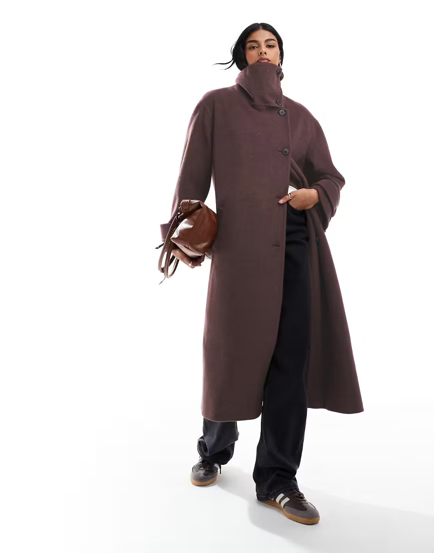 ASOS DESIGN funnel neck longline coat in chocolate-Brown | ASOS (Global)