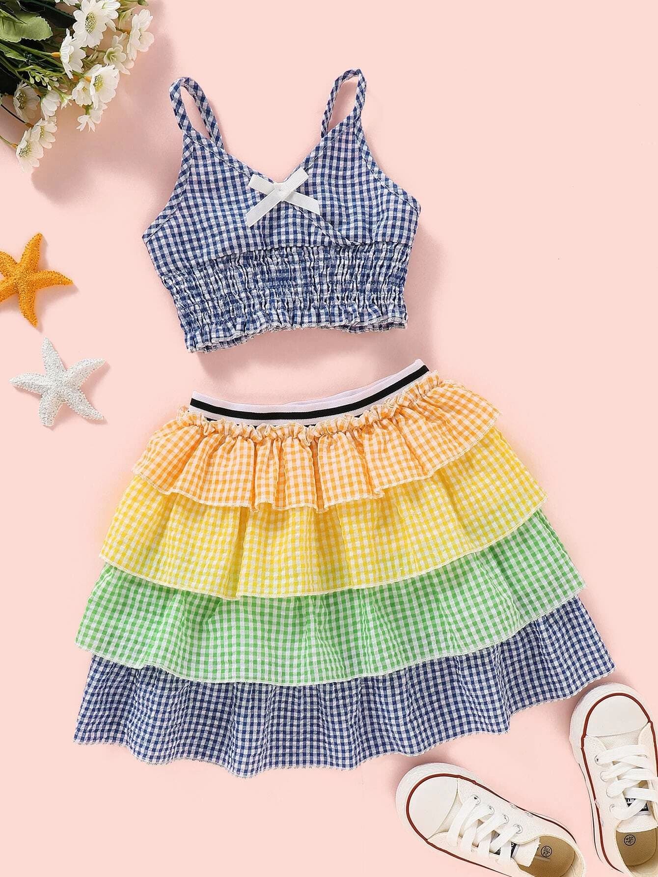 Toddler Girls Gingham Top & Ruffled Skirt Set | SHEIN
