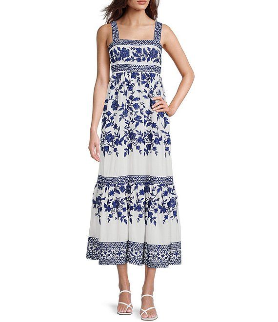 Vera Sleeveless Square Neck Floral Print Tiered Flounce Hem A-Line Midi Dress | Dillard's