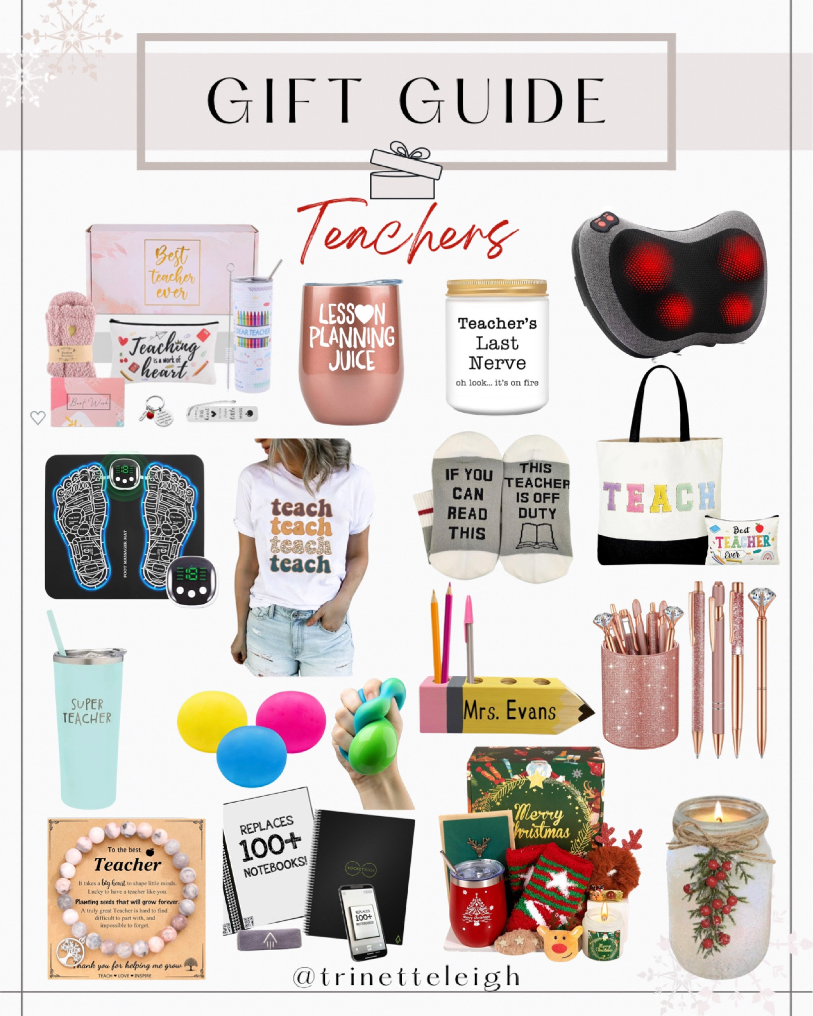 Gift Guide for Teachers. Gift ideas for teacher $35 and under. Teacher gifts up. Teacher cup. Teacher candle. Foot massager. Teacher bag. Teacher socks. Teacher T-shirt. Back and neck massager. Pen set and holder. Pencil holder for desk. Christmas candle. Electronic notebook. Stress ball. Teacher bracelet.
 

#LTKfindsunder50 #LTKHoliday #LTKGiftGuide