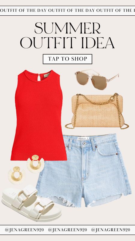 Casual summer outfit idea | 4th of July outfit idea | Walmart summer fashion | Walmart summer sweater | red sleeveless sweater | rattan crossbody bag | Target summer handbag | Abercrombie denim shorts | Target summer earrings 

#LTKStyleTip #LTKFindsUnder100 #LTKSeasonal