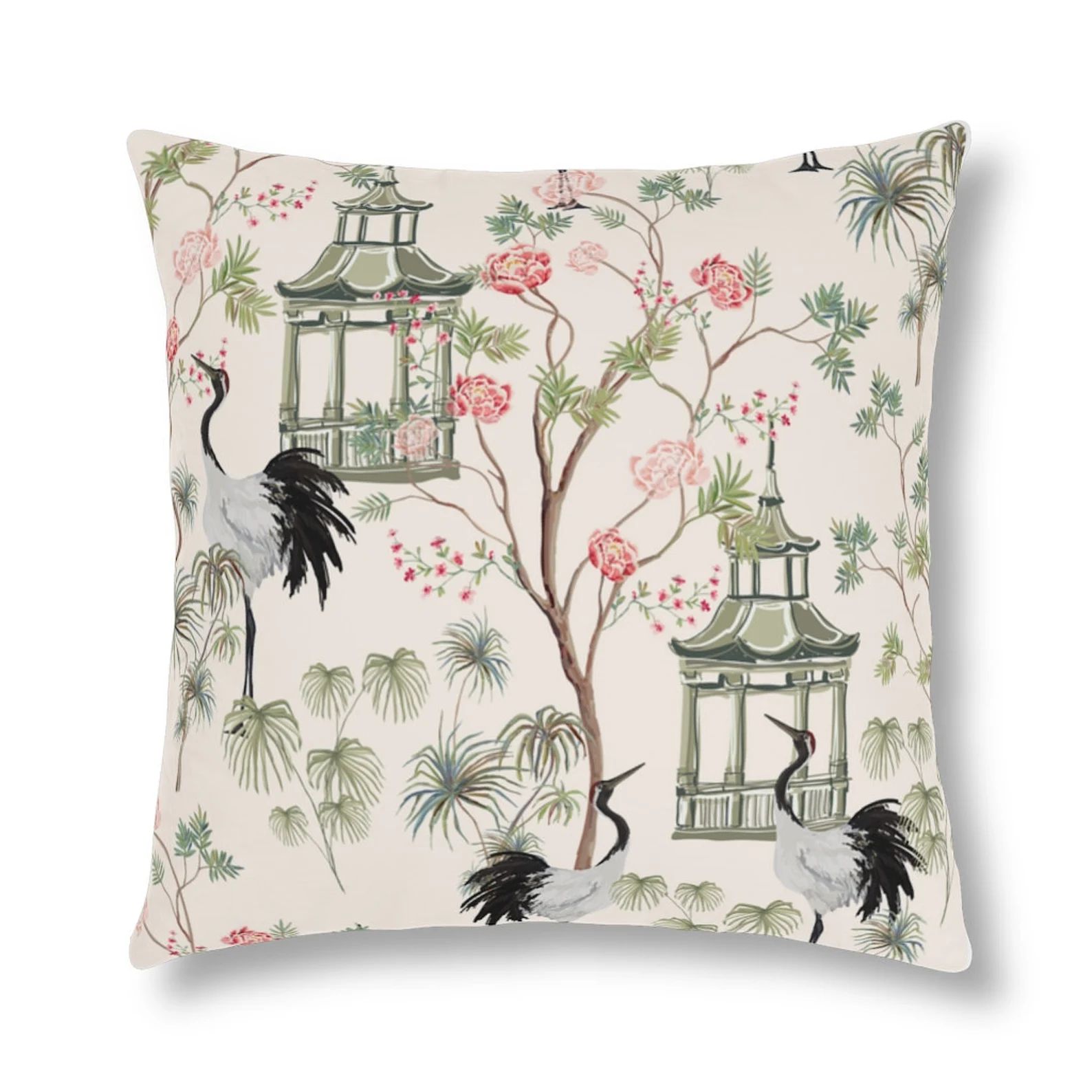 Chinoiserie outdoor pillows, Waterproof pillows with Light pink pagoda and cranes, square pillows... | Etsy (US)
