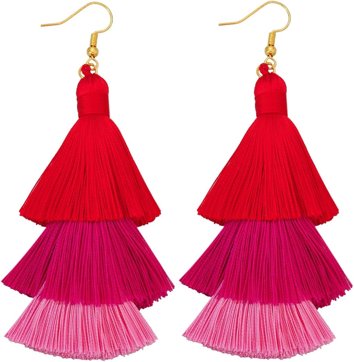 SUNYIK Gradual Tiered Thread Tassel Dangle Earrings for Women, Round Druzy Stud Earring | Amazon (US)