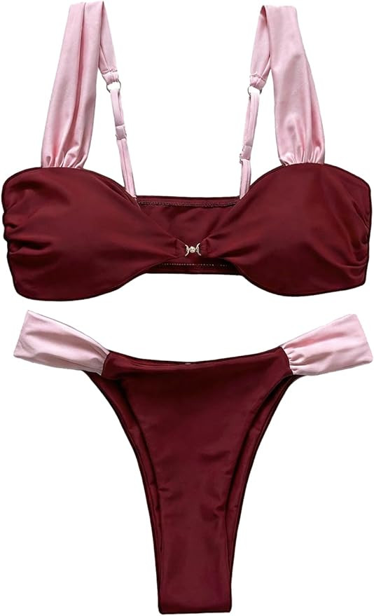 GORGLITTER Women's High Cut Bikini 2 Piece Swimsuits Pearls Cami Cheeky Swimwear Set Beachwear | Amazon (US)