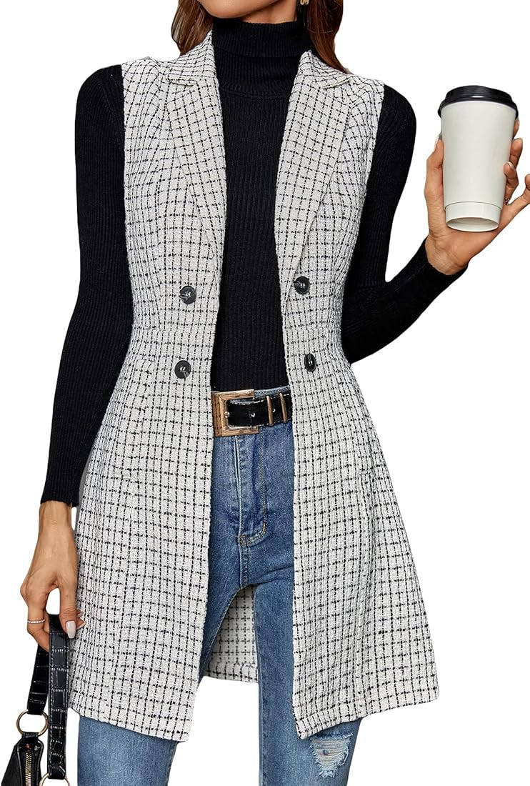 GORGLITTER Women's Plaid Double Breasted Long Vest Jacket Sleeveless Longline Blazer Outerwear wi... | Amazon (US)