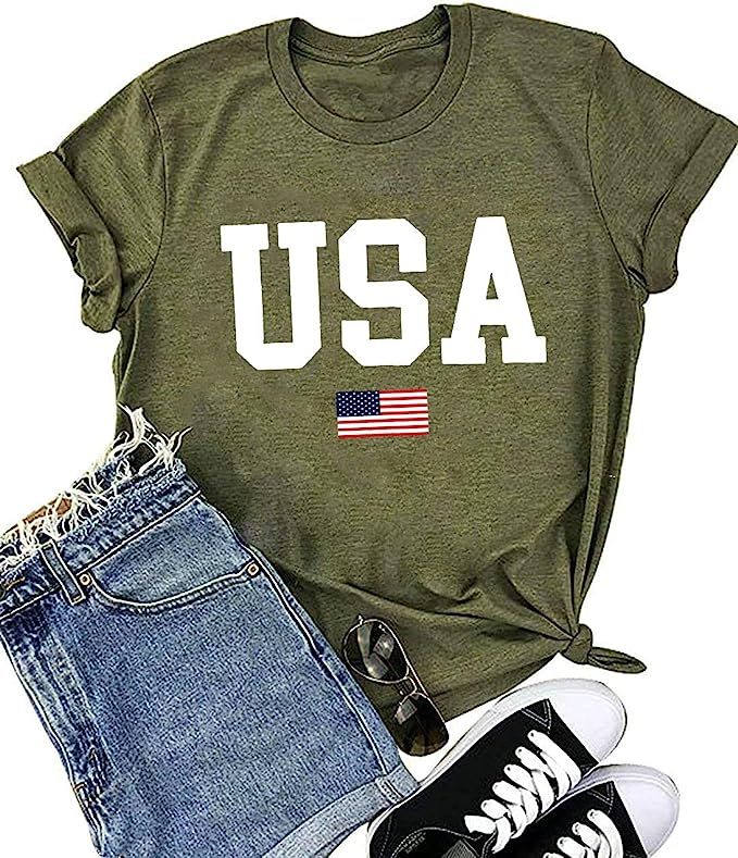 USA Flag Tee Shirt for Women 4th of July Memorial Day Gift T Shirt Casual Short Sleeve American P... | Amazon (US)