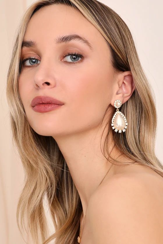 Glowing Beauty Gold Rhinestone Pearl Teardrop Statement Earrings | Lulus (US)