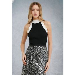 Wavy Contrast Edge Halter Neck Knit Top in Black | Chicwish