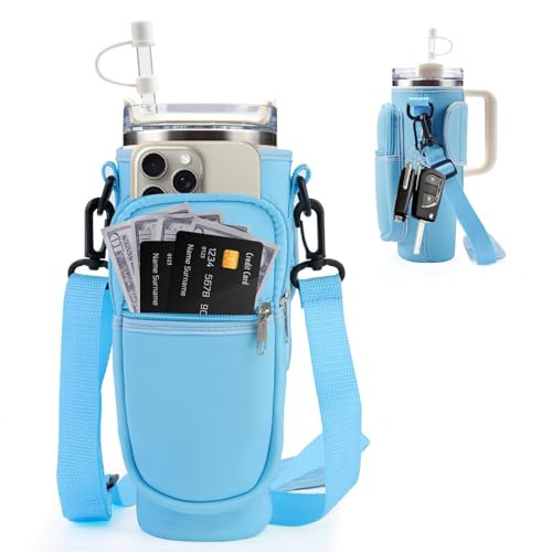 Vinino Water Bottle Carrier with Adjustable Strap Compatible with Stanley 40oz Tumbler, Neoprene Water Bottle Bag with Straw Cover & Carabiner, Water Bottle Phone Holder for Stanley (Blue) | Amazon (US)