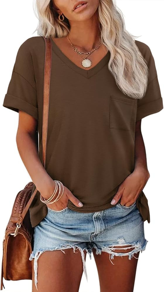 ATHMILE Womens T Shirts 2025 Short Sleeve V-Neck Shirts Cute Fit Summer Casual Tee Tops S-XXL | Amazon (US)