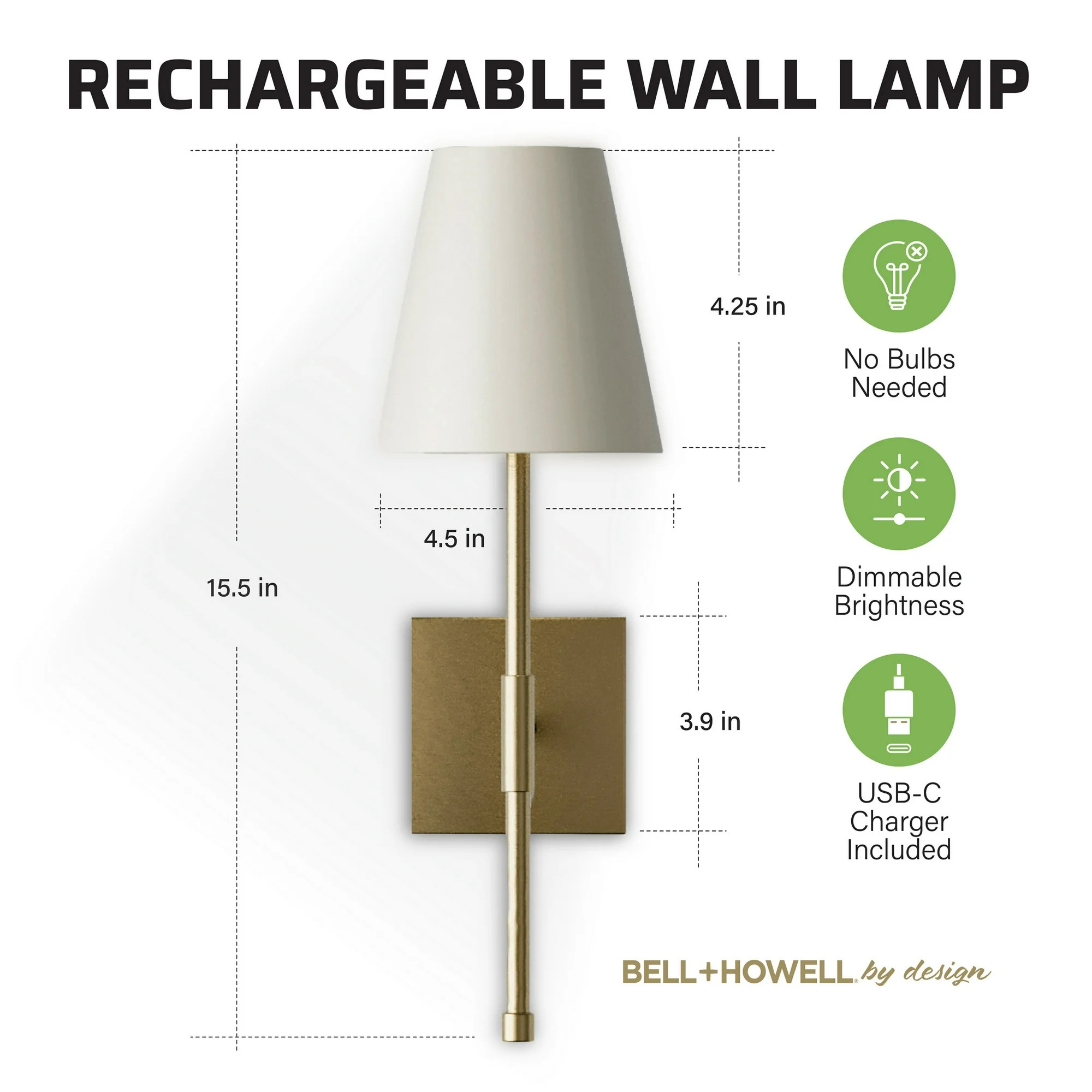 Bell + Howell by Design Rechargeable Wall Lamp Brass 2 Pack Fabric Shade Wall Sconce with Dimmabl... | Walmart (CA)