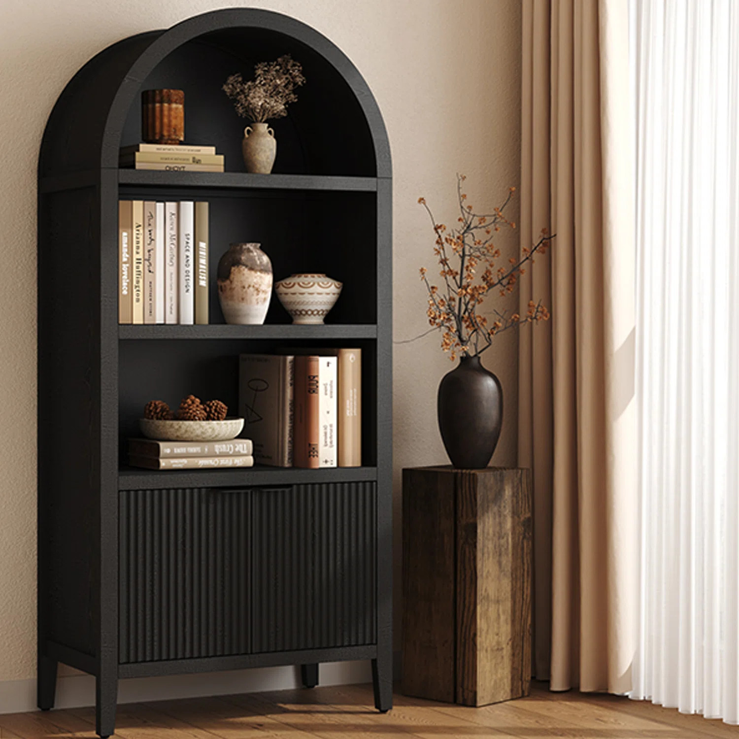 71" Tall  Arched Bookcase with Fluted Doors and Open Shelf | Wayfair North America
