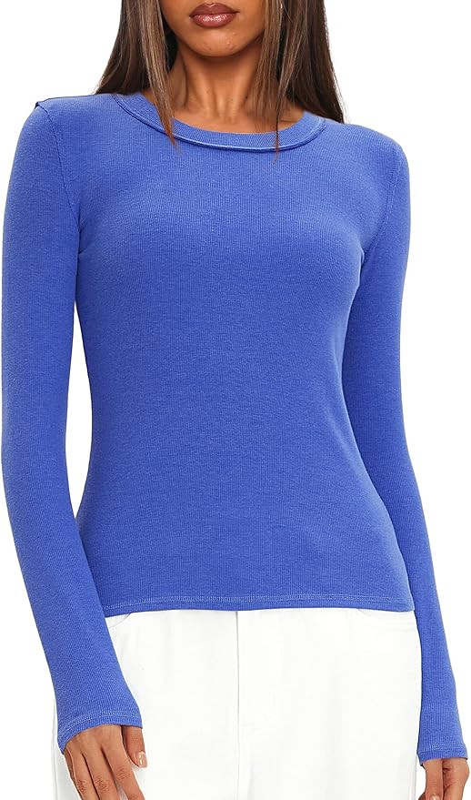 Darong Long Sleeve Shirts for Women Crew Neck Rib Knit Slim Fit Tops Basic Tee Casual T-Shirt Lay... | Amazon (US)