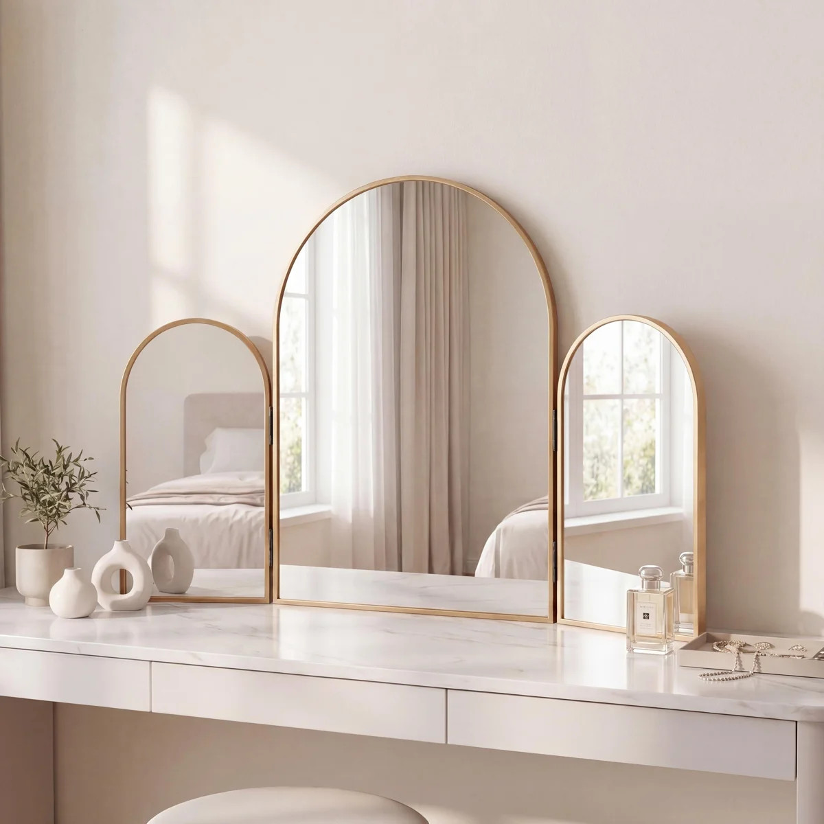 Verity 3-Way 30 in. W x 20 in. H Medium Arch Trifold Adjustable Aluminum Alloy Framed Vanity Mirr... | Wayfair North America