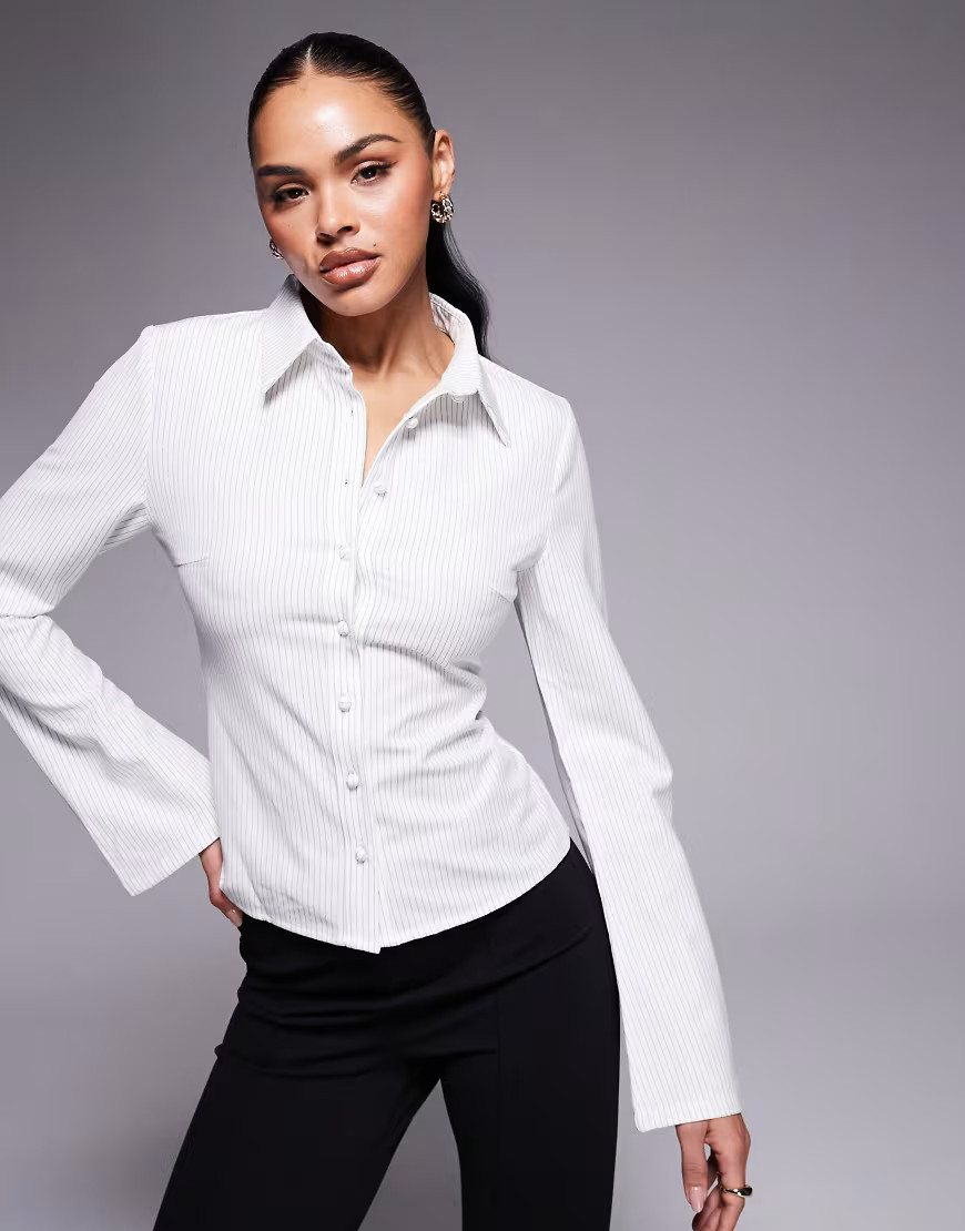 Princess Polly flared sleeve button through striped fitted shirt in white | ASOS (Global)
