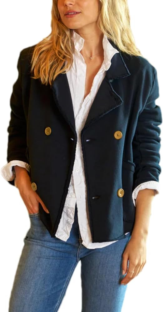 Bozanly Double Breasted Blazers Jacket for Women Casual Notched Loose Crop Outerwear with Pockets | Amazon (US)
